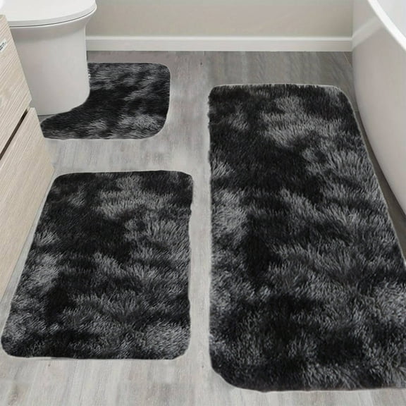 AZXY Bath Mat Set 3 Piece,Bathroom Rug Sets Clearance,Bathroom Mats 3 Piece Set,Black Plush Soft Non Slip Washable Bath Rug Sets Under $25