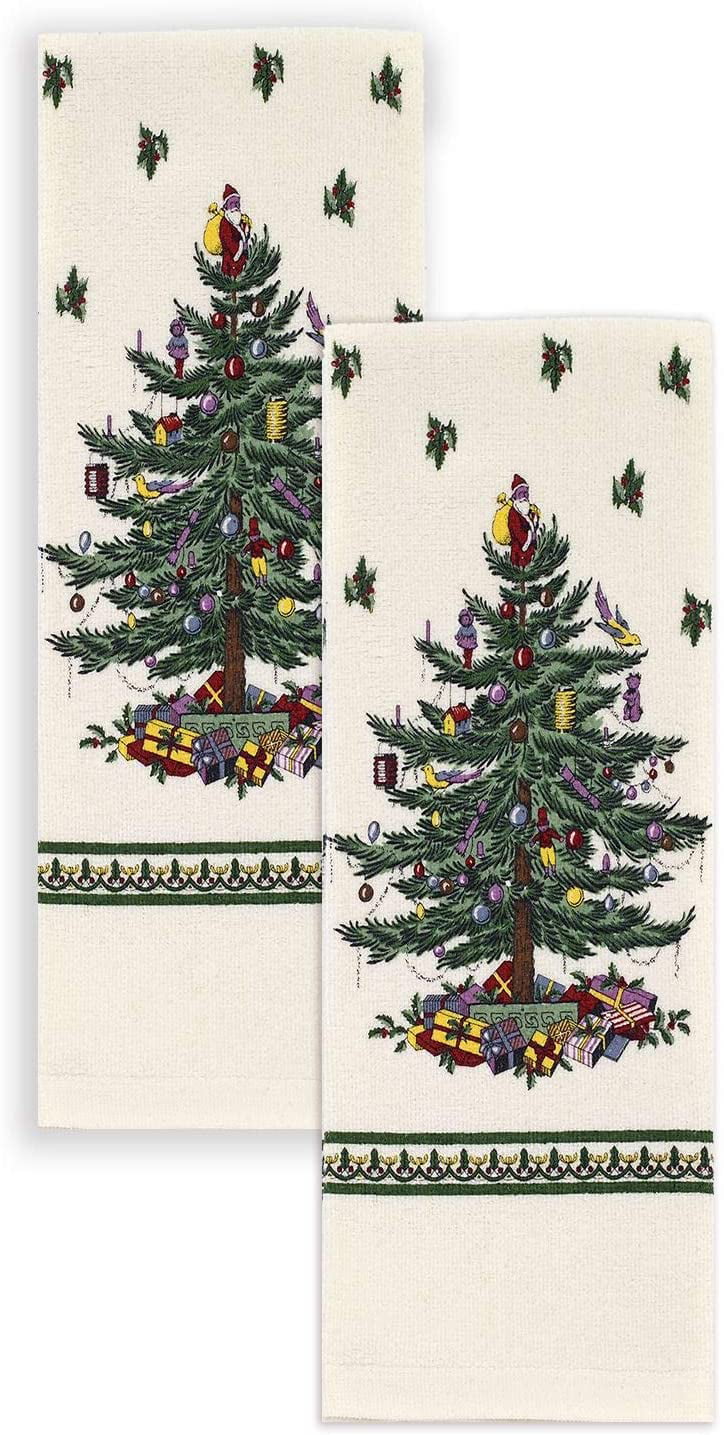 Kitchen Dish Hand Towels Decorated Christmas Tree Applique' 25" X 15' Set of 2