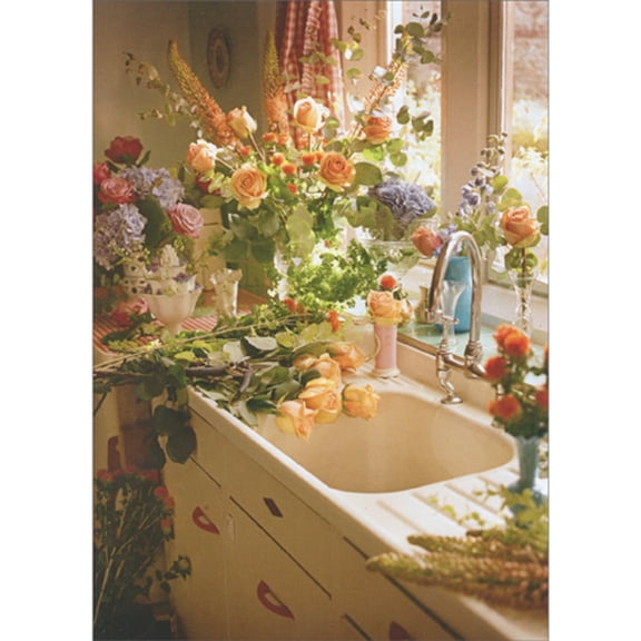 Avanti Press Flowers Covering Counter Top and Kitchen Sink Photograph Blank Note Card