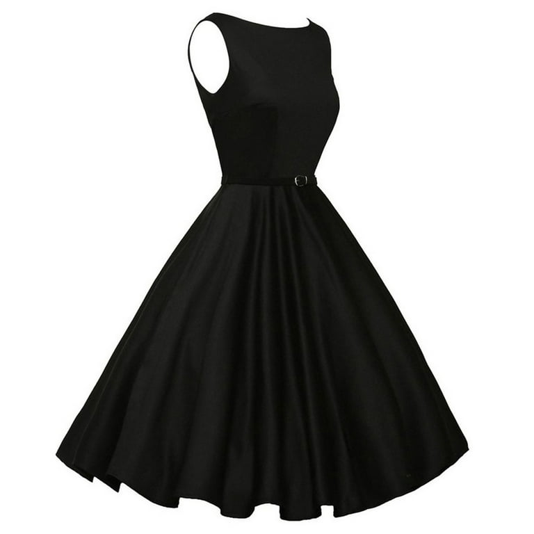 Frsasu Women's Vintage 1950s Rockabilly Dresses Sleeveless Audrey Dress with Belt Retro Solid Evening Party Cocktail Dress Black
