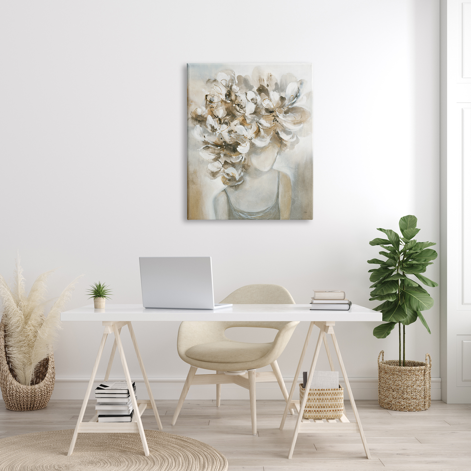 Stupell Industries Muted Female Portrait Abstract Floral Petal Hair Botanical & Floral Painting Gallery Wrapped Canvas Print Wall Art, 30 x 40