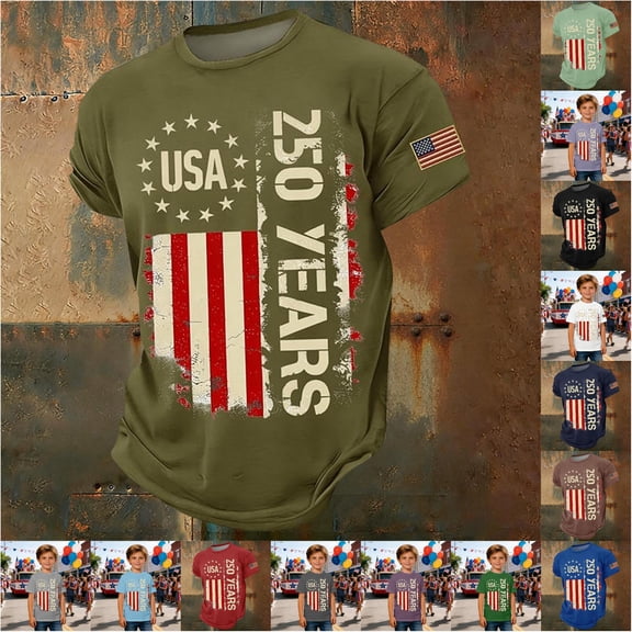 VOUZZA Boys USA 250th Anniversary T-Shirt Freedom Celebration Patriotic Graphic Printed Casual Short Sleeve Crewneck Tee Top for Kids Ages 2-13
