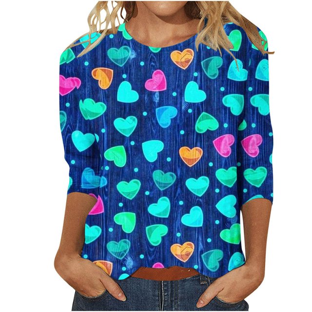 DondPO T-Shirts pour Femmes Imprimé Cœur Manches 3/4 Col Rond T-Shirts Graphiques Tops de Vacances T-Shirts Tendance Bleu m Liquidation!