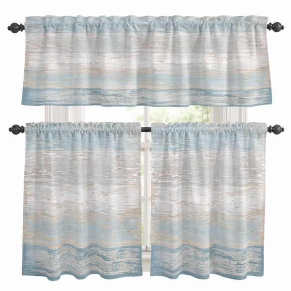 Blue Beige Farmhouse Kitchen Curtains, Vintage Wooden Striped Kitchen Curtains and Valances Set of 3, Light Filtering Tailored Tier Curtain 24 Inch Length Drapes for Cafe Sink Bedroom