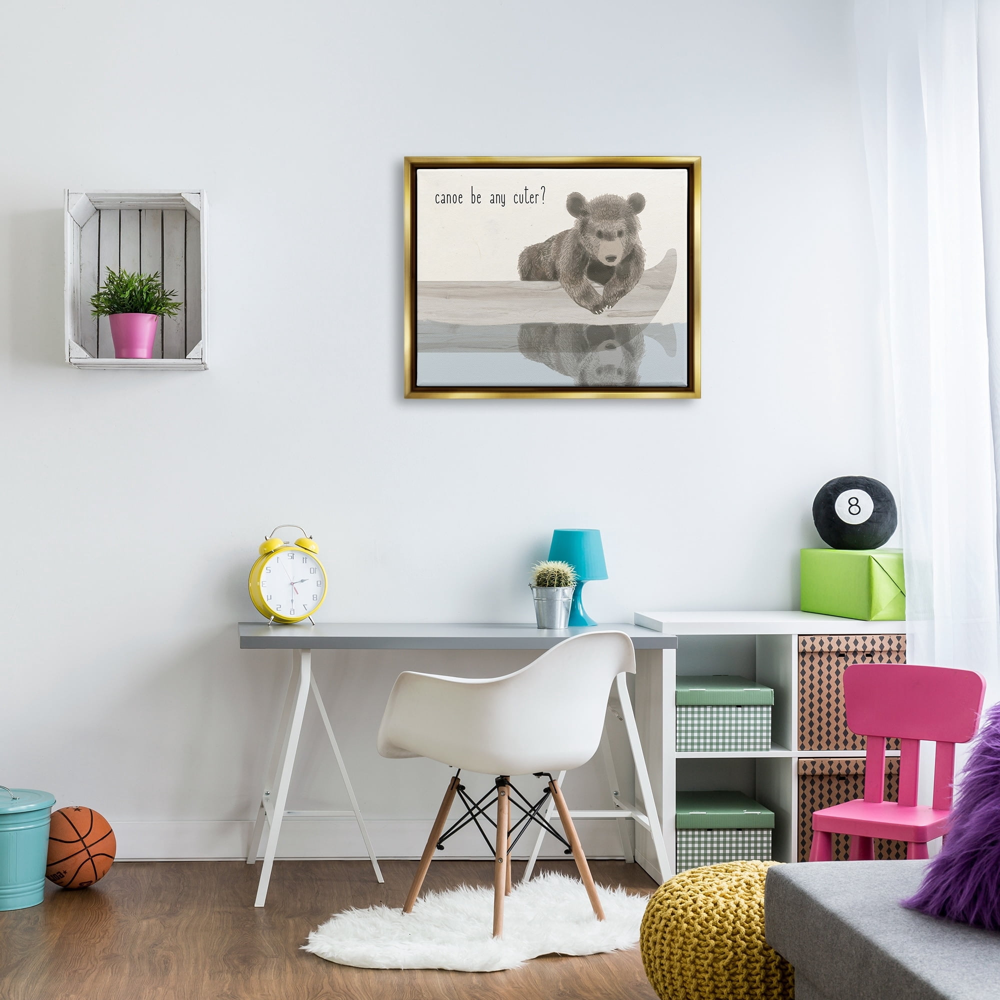 Stupell Industries Canoe Be Any Cuter Grey Blue and Off White Soft Nursery Neutral Baby Bear Metallic Gold Framed Floating Canvas Wall Art, 24x30, by Daphne Polselli