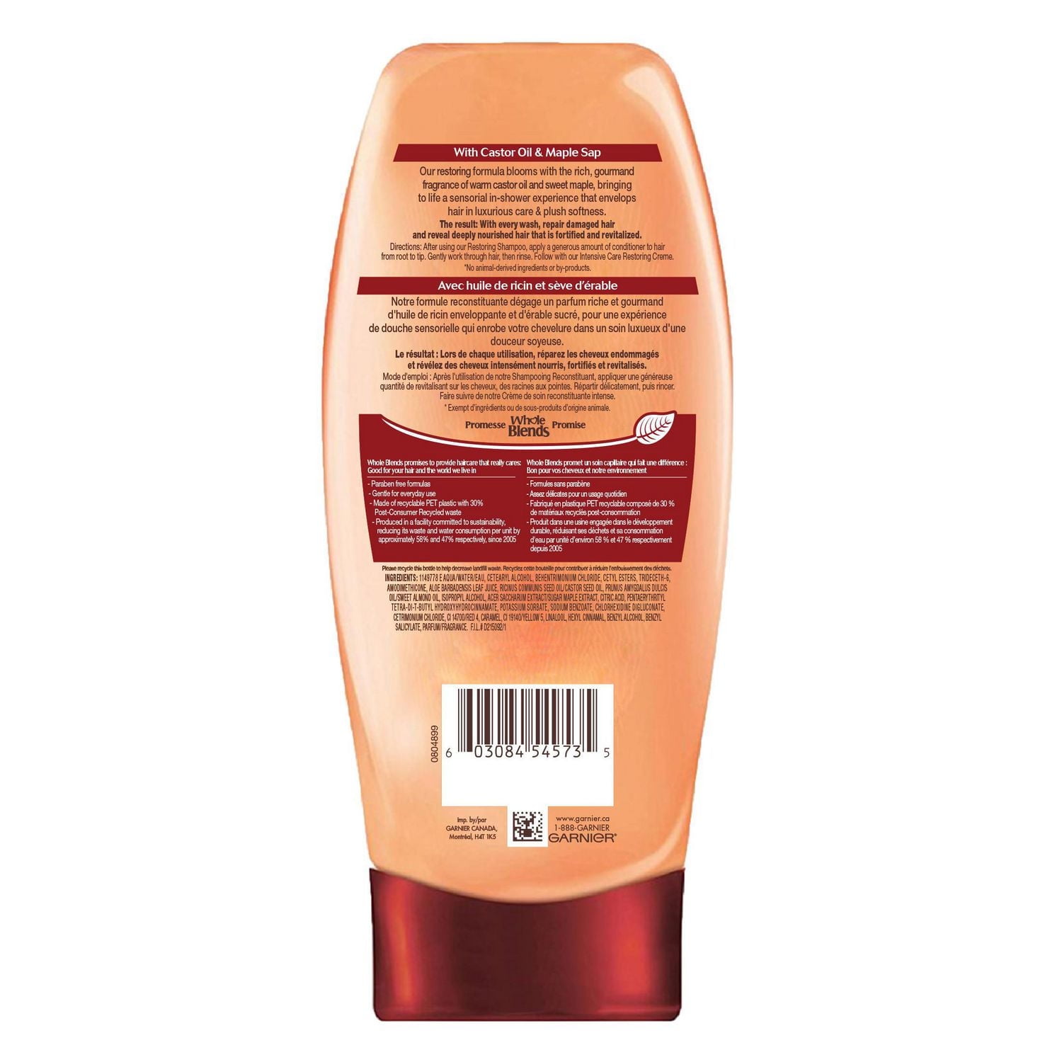 Garnier Whole Blends Castor Oil Remedy Conditioner, 650 mL, Restoring Conditioner for weak, thinning hair