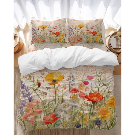 Orange Poppy Bedding Duvet Cover Set King Size 4 Pieces Flower Hand-painted Floral Plant Patterns Bedding Set with Zipper Closure, 1 Comforter Cover 92x106 Inches 1 Flat Sheet & 2 Pillow Cases