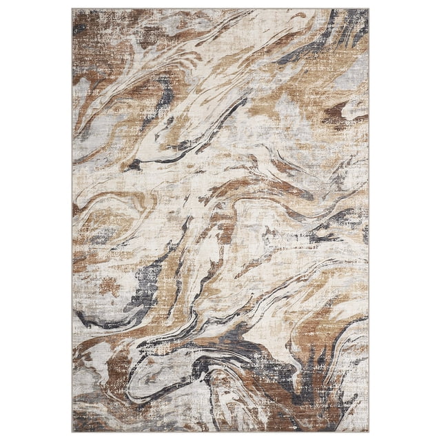 Area Rug 8x10 Machine Washable Living Room Rug, Non-Slip Faux Wool Soft Floor Carpet, Low Pile Modern Abstract Rug, Foldable Nursery Rug for Bedroom, Dining Room, Office, Brown