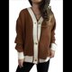 thumbnail image 3 of Suéter de Punto Acanalado con Cuello en V Extragrande y Botones en Contraste para Mujer Marrón L, 3 of 9