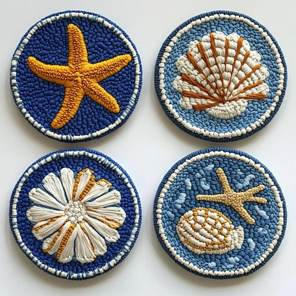4 Set DIY Punch Needle Coaster Kits Seaside Starfish and Shell Easy for Beginners with Adhesive Felt Hoop Punch Needle Embroidery Starter Set with Pattern for Drink Cups Mat Home Decor-2