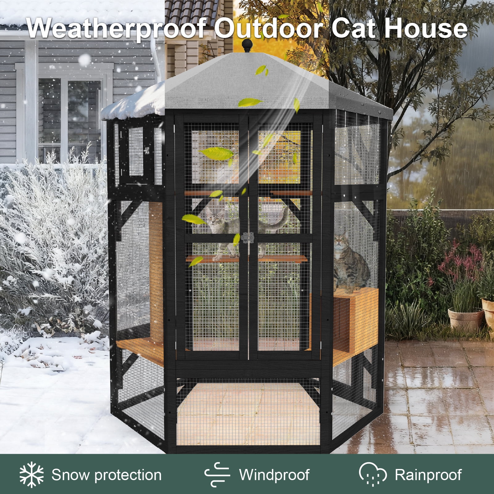 TIMHAKA 65" Catio Outdoor Cat Enclosure, Large Cat House w/ Waterproof Roof, Window Access, Multiple Platforms & Scratching Post for Multi-Cat Use, Black & Yellow
