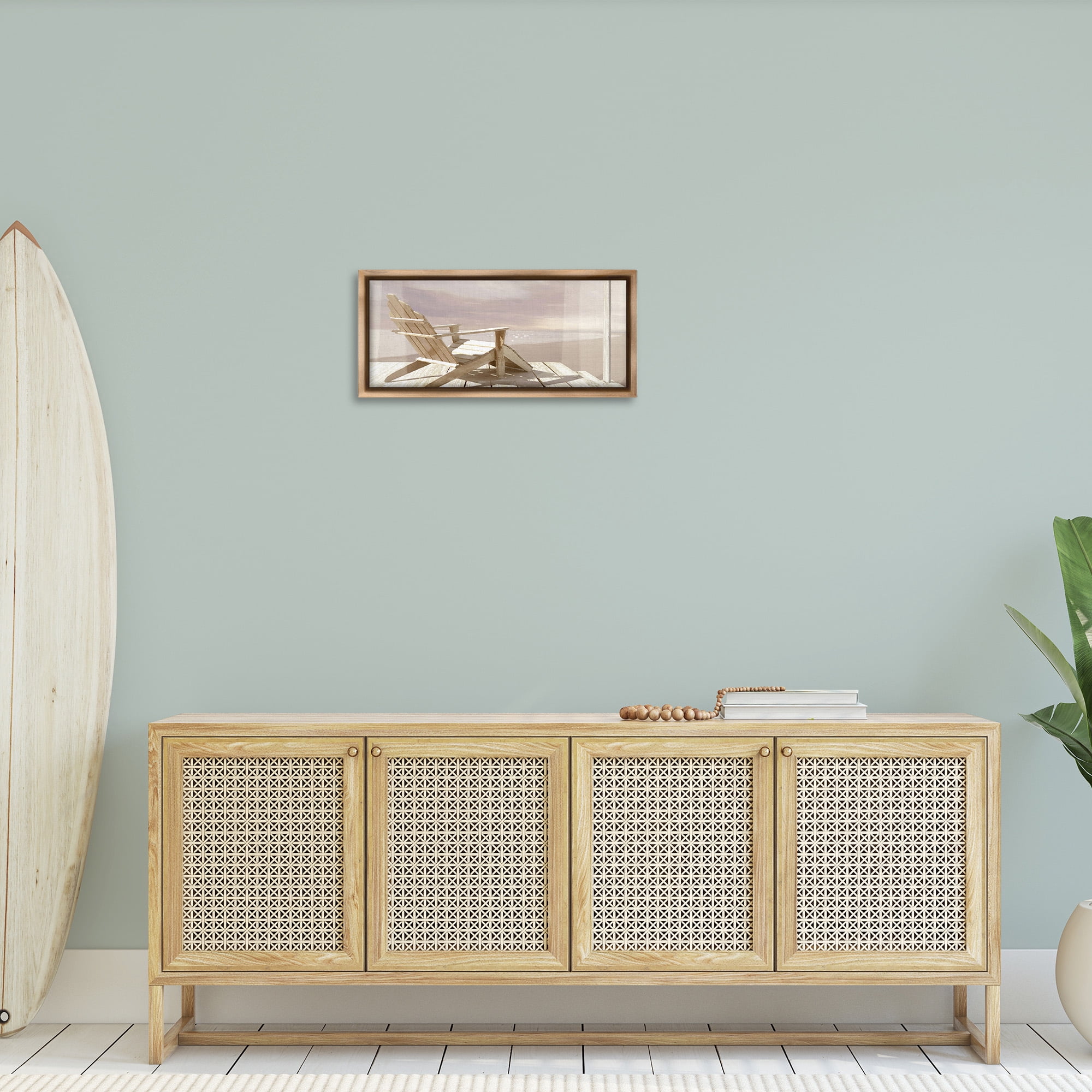 Stupell Industries Chair Overlooking Beach Landscape Photography Brown Floater Framed Canvas Art Print Wall Art, 25 x 11