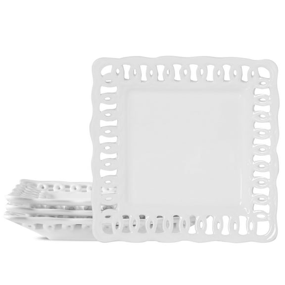 Square Appetizer Plate, Set of 4, 8 inch Ceramic White Dinner Plates with Lace Rim, Small for Cake Snacks Dessert Steak Bread Butter Canape Luncheon Side Dish at Home Hotel and Restaruant, Stackable