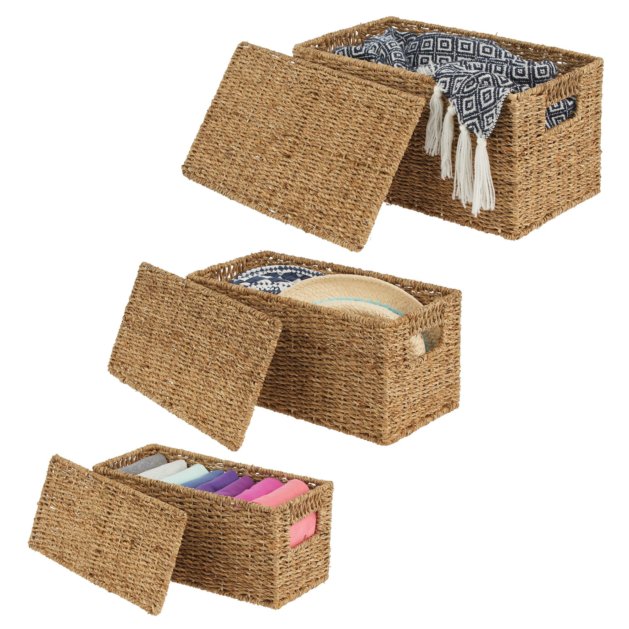 mDesign Woven Seagrass Home Storage Basket with Lid, Set of 3 - Natural Finish