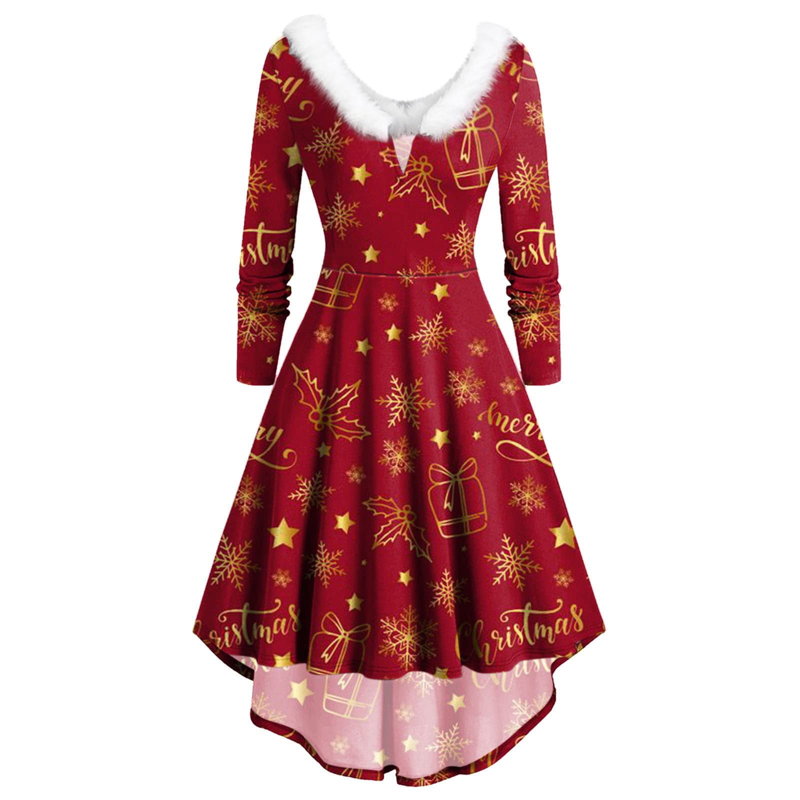 LWZWM Christmas High Low Hem Dresses for Women Long Sleeve Xmas Costume
