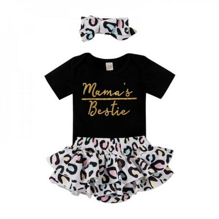 

0-24M Newborn Baby Girls Clothes Set Sweet Letter Short Sleeve Romper + Color Leopard Print Skirt + Headband