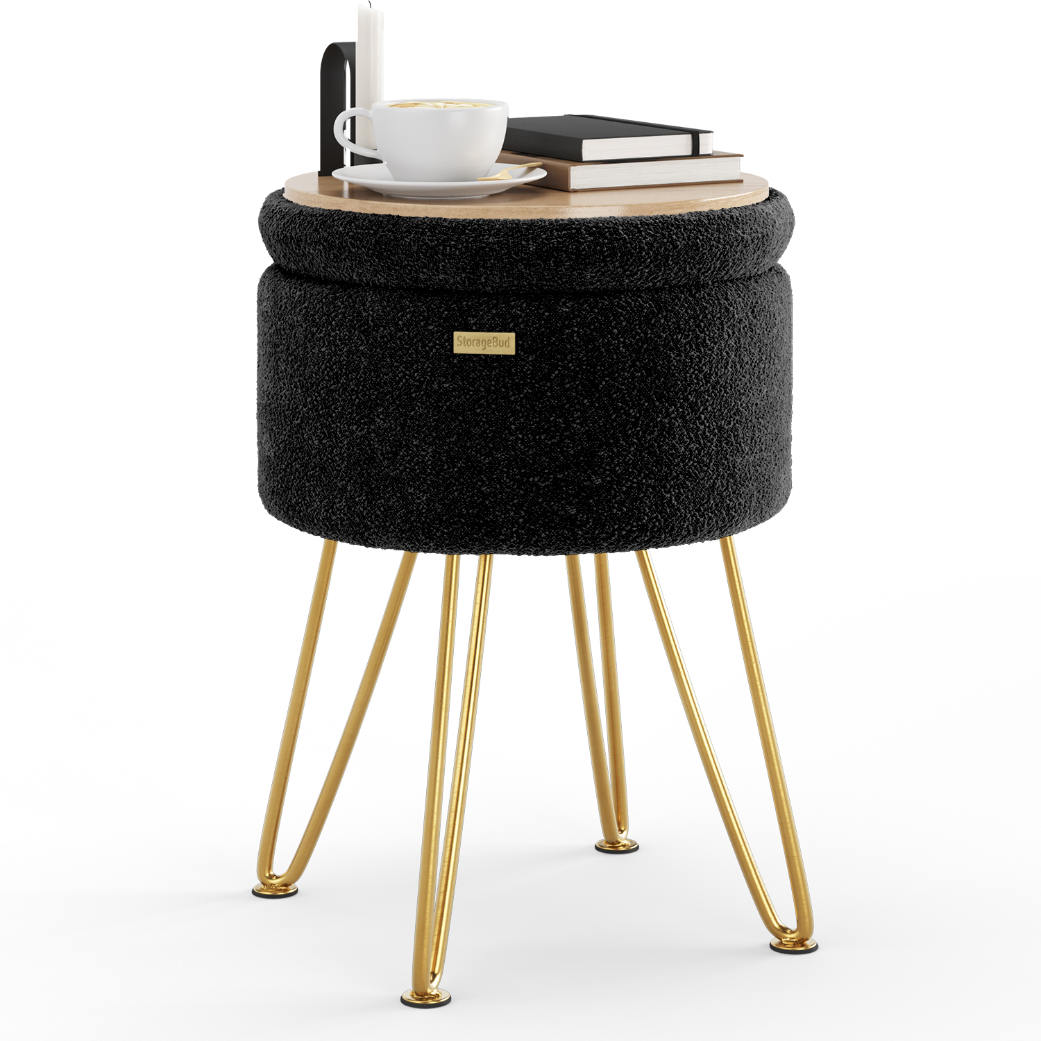 LammaLoe Small Round Ottoman with Storage, Boucle Ottoman Foot Stool with Lid, Upholstered Vanity Stool for Living Room & Bedroom, Black