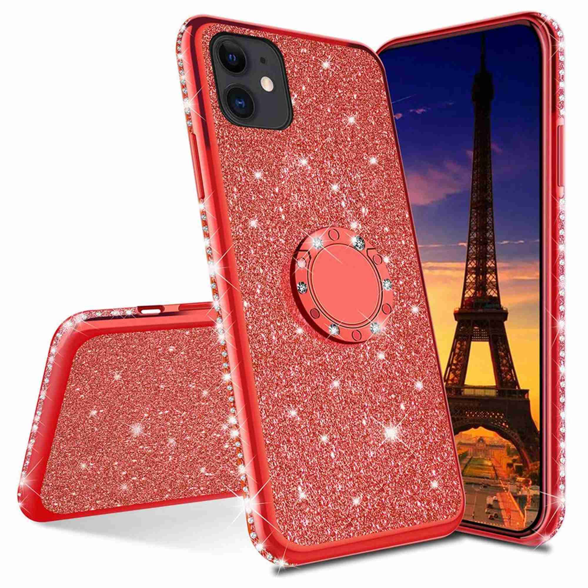 Dteck For Iphone 12 Pro Mini 5 4 Cute Girly Glitter Bling Diamond Rhinestone Bumper With Ring Kickstand Sparkly Protective Phone Tpu Cover Case Red Walmart Com