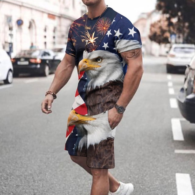 TIMIFIS Ensembles Courts pour Hommes Été Décontracté Jour de l'Indépendance Imprimé 2 Pcs Tenues Col Rond Patriotique Américain T-shirt Manches Courtes et Shorts Taille Élastique - Printemps/été