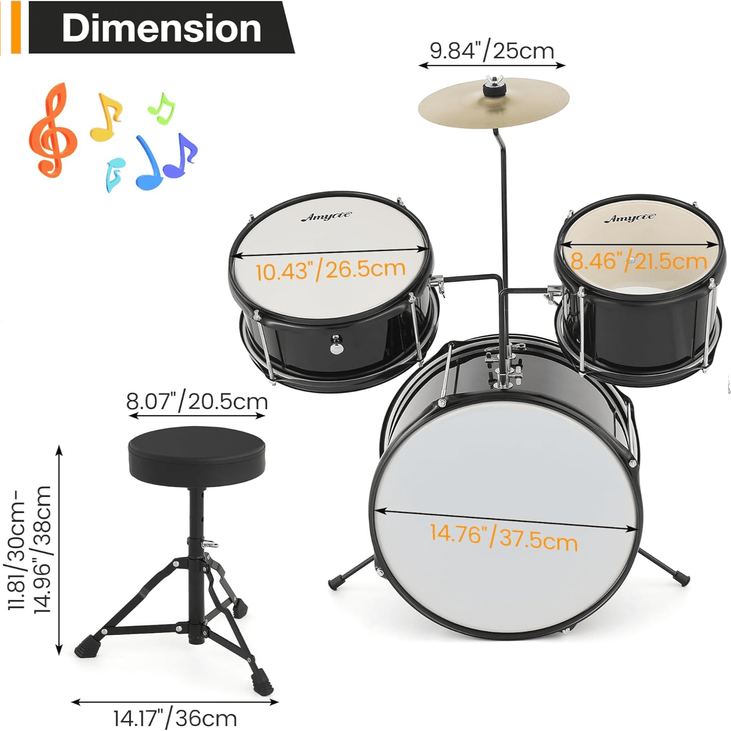 Drum Set for Kids Beginner Set with Bass, 2 Toms, Cymbal, Sticks, Bass Pedal and Stool Percussion Musical Instrument Birthday Playsetl