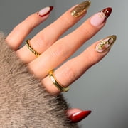 Salon Perfect Artificial Fake Press On Nails, 417 Charmed, Gold Rose, Medium Almond, File, Glue, and Prep Pad Included, 30 Nails