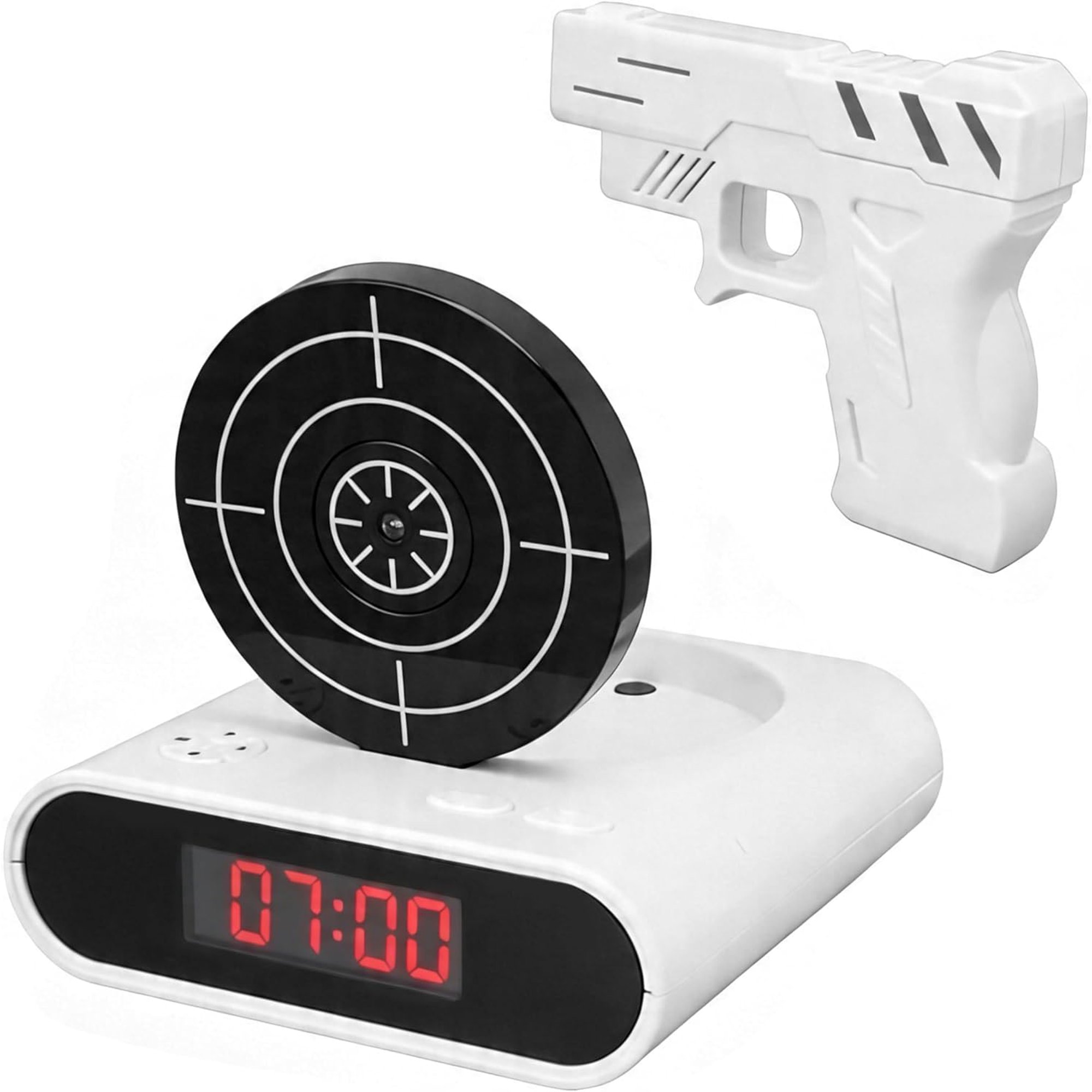 Gun Shooting Target Alarm Clock, Digital LED Shot Timer, Interactive Shooting Game, Bedside Wake‑up Clock, Fun Gift for Teens & Adults, Bedroom Office Use, White