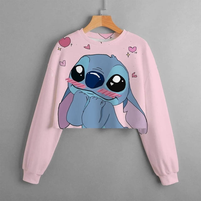 Otoño e Invierno nuevo Disney Stitch niñas suéter corto estampado cuello redondo ropa informal de dibujos animados para niños top160 cómodo heqiyong CONDUJO