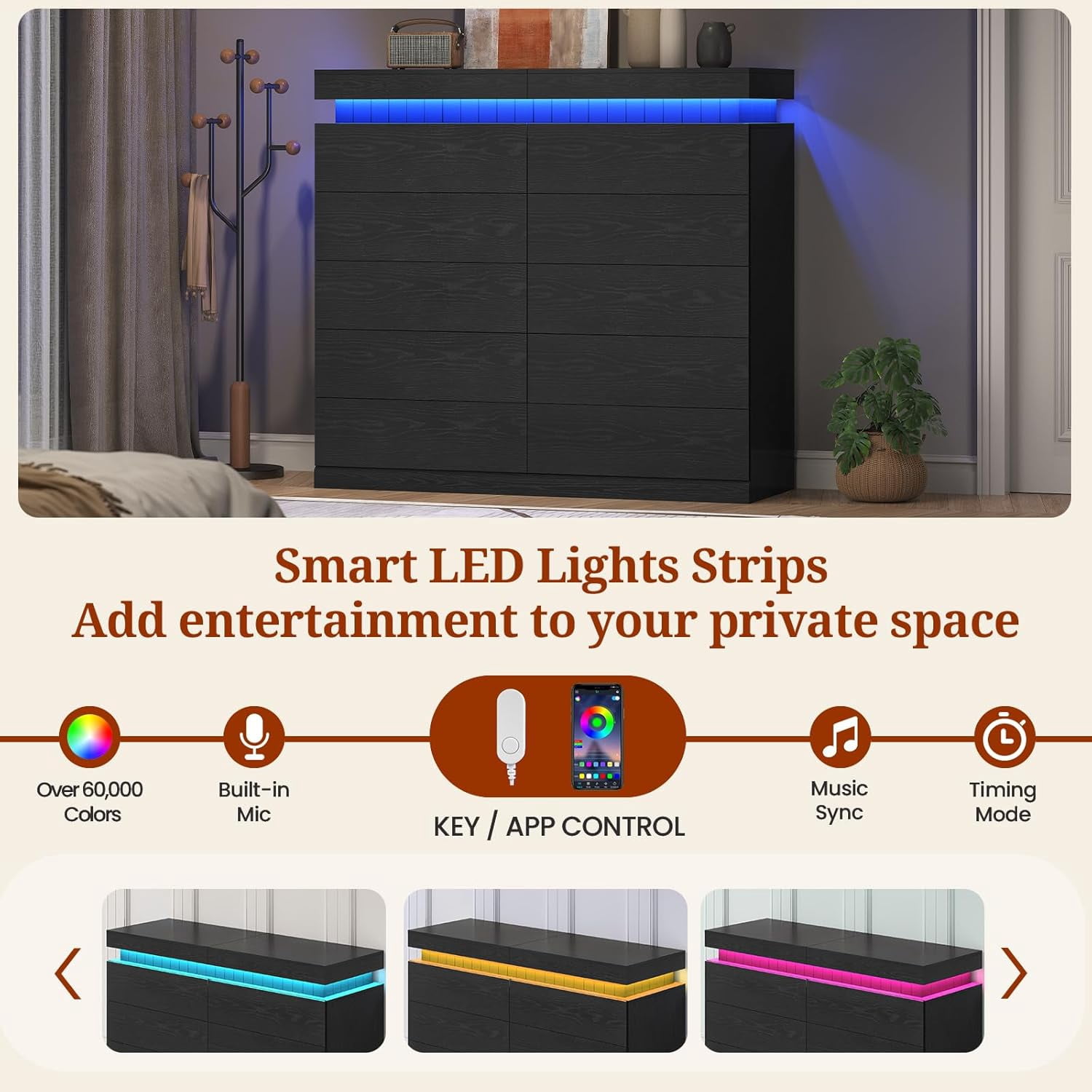 10 Drawer Double Dresser, Chest Of Drawers with LED Light and Power Outlet, Modern Bedroom Dresser with Sliding Top Storage Space for Living Room, Hallway, Entryway, Black
