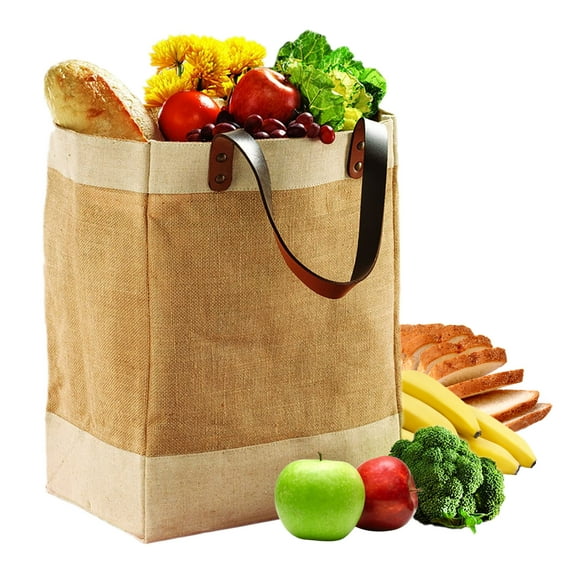 Reusable Jute French Market Tote Burlap Grocery Bags with Faux Leather Strap Handles, Interior Pocket, and Water Resistant Inner Lining Jute Shopping Bag, EXULTIMATE