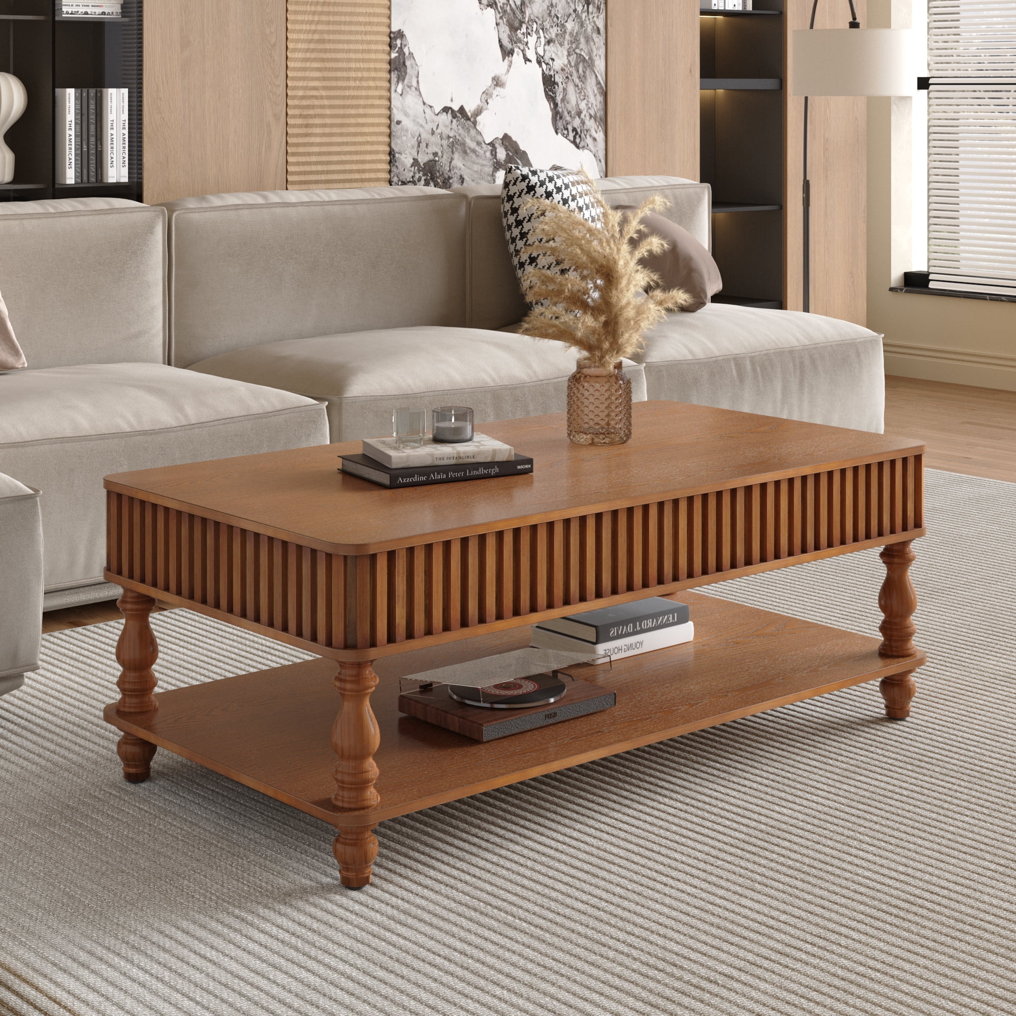 47.24" Lift Top Coffee Table with Hidden Storage and Open Shelf, Solid Wood Center Table with Fluted Design & Roman Column Legs, Tool-Free Assembly for Living Room, Vintage Brown