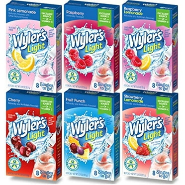 Wylers Light Singles To Go Drink Mix, Variety 6 Pack, Pink Lemonade, Strawberry Lemonade, Fruit Punch, Cherry, Raspberry, And Raspberry Lemonade (48 Drink Sticks Total)