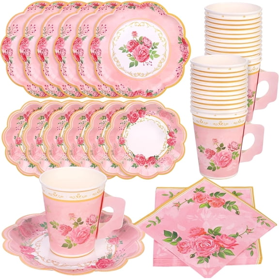 96 Pieces Floral Paper Tea Cups and Saucers 9 Oz Teacups with Handle 9 Inch and 7 Inch Paper Plates Saucers Napkins Disposable Tea Party Supplies Serve 24 for Wedding Baby Shower Party, Pink