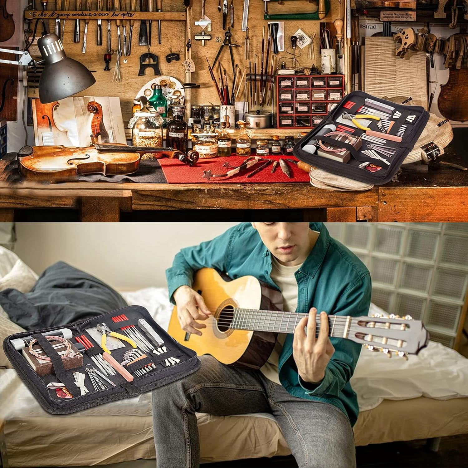 Guitar Repairing Maintenance Tool Kit Stringed Instrument Luthier Tools Electric Guitar Cleaning Care Accessories for Guitar Ukulele Bass Mandolin 1set