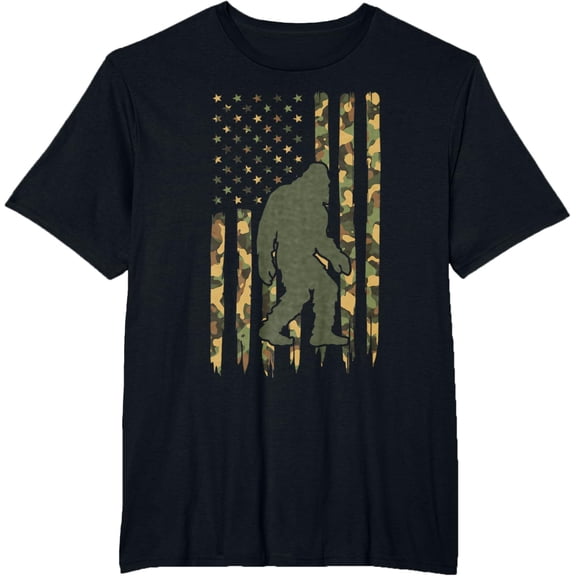 Camo Big Foot Sasquatch - Vintage Bigfoot American Flag T-ShirtMen's and women's gift, black and white T-shirt, size: Extra large S-4XL
