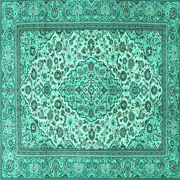 Ahgly Company Machine Washable Indoor Square Medallion Turquoise Blue Traditional Area Rugs, 7' Square