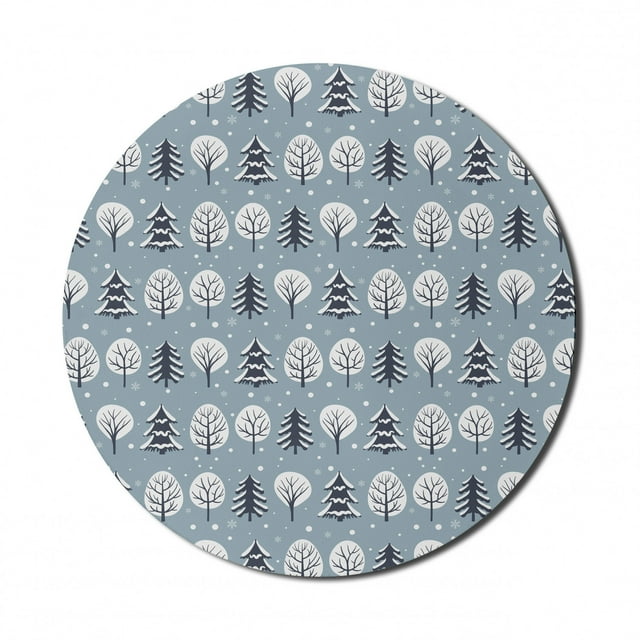 Forest Mouse Pad for Computers, Winter Theme Natural Demonstration Scene of Snowy Trees and Snowflakes Motifs, Round Non-Slip Thick Rubber Modern Gaming Mousepad, 8" Round, Blue Grey, by Ambesonne