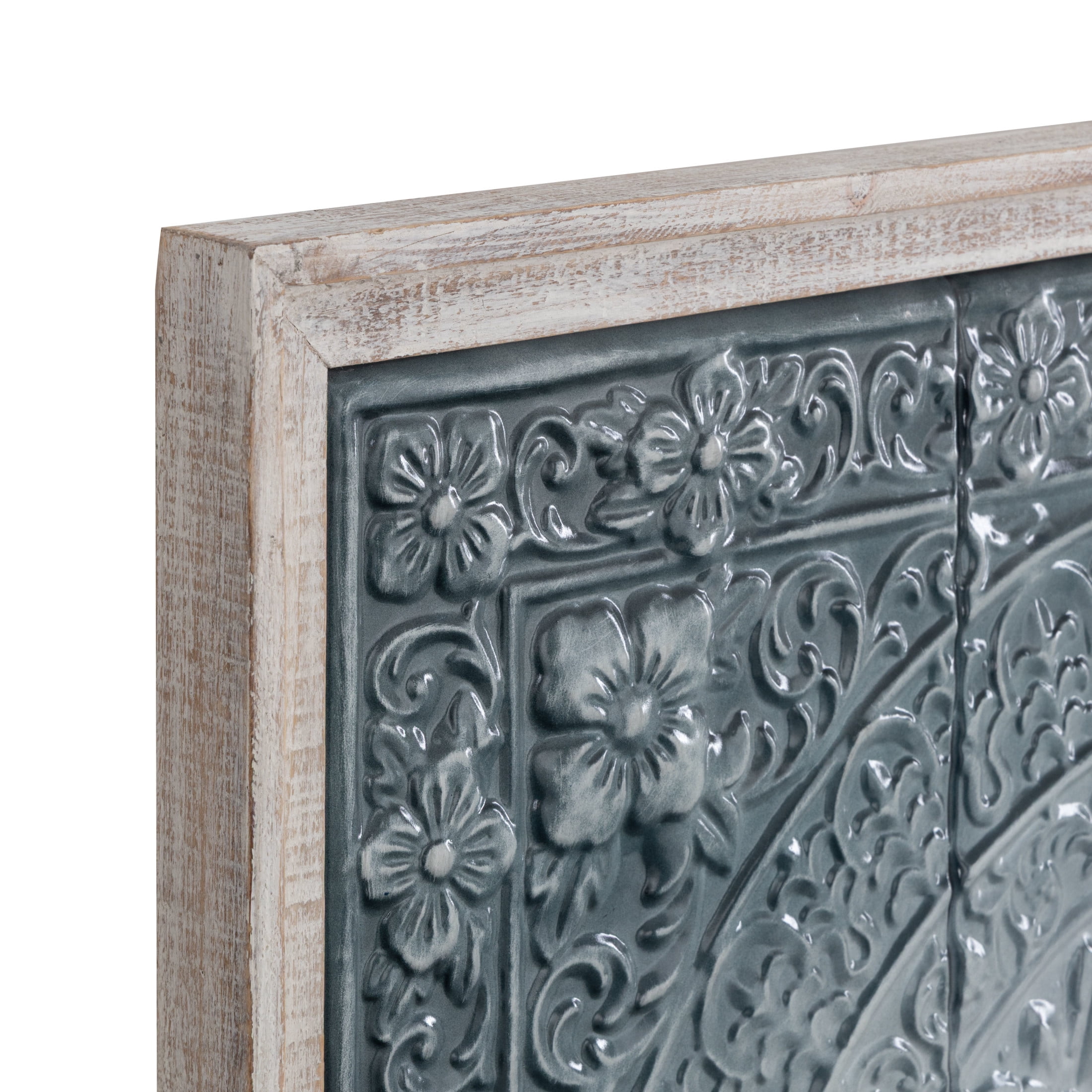 DecMode Metal Farmhouse Carved / Scrollwork Detailed Floral Wall Decor 33"W x 34"H, Washed Blue / Turqoise Finish with White Wooden Frame