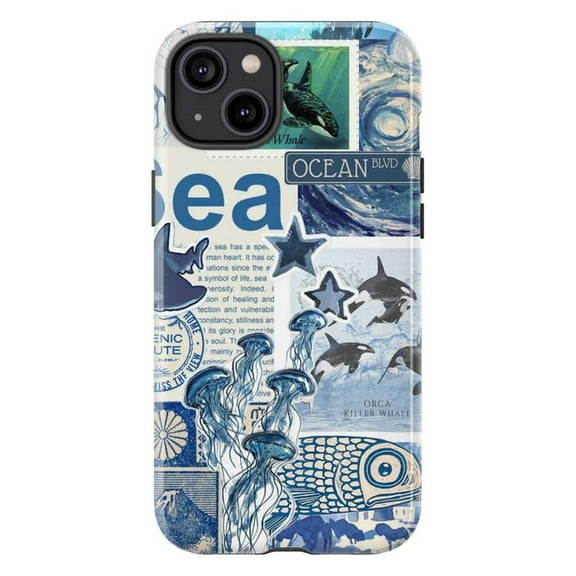 Ocean Collage Phone Case, Marine Life Art Design with Jellyfish, Orca Whales & Nautical Elements, Blue Sea-Inspired Protective Cover for iPhone 16 15 14 13 12 11 Plus Pro Max Mini