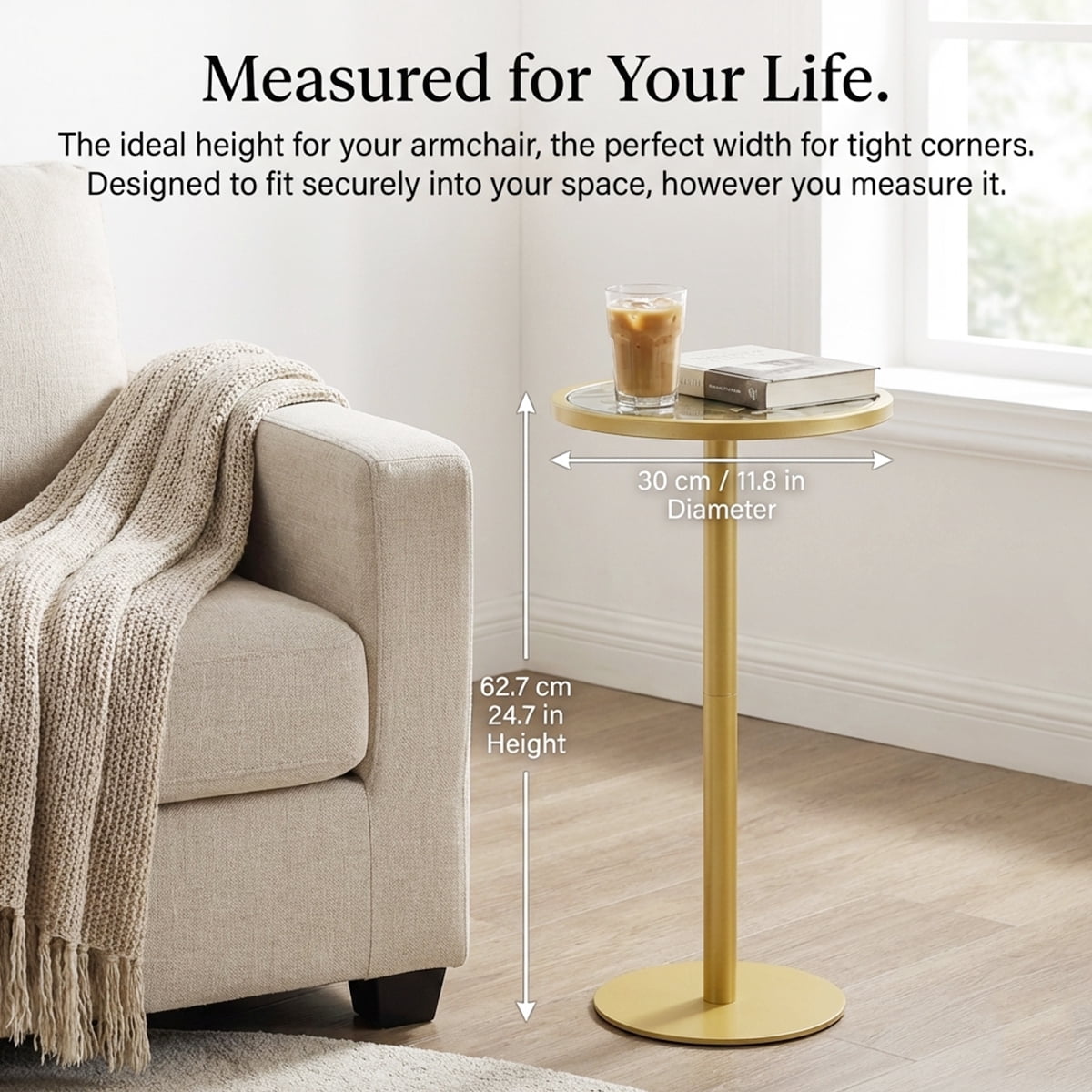 Gold Drink Table, Indoor Outdoor Small Round Side Table with Glass Top & Scroll Design, 24.7" Metal Pedestal End Table for Living Room, Patio, Balcony, Small Spaces, Weather Resistant