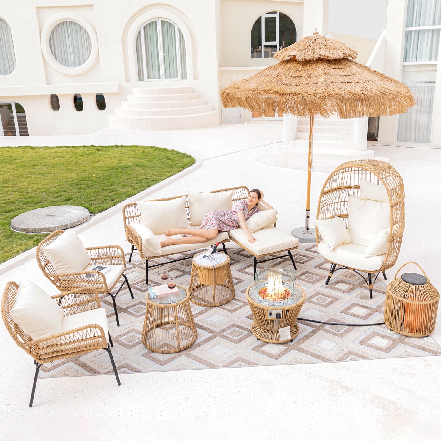 NICESOUL 9 Pcs Boho Outdoor Furniture Set with Fire Pit Table Wicker