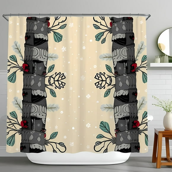 Stylish Beige Shower Curtain with Totem Pole Design & Accents - Winter Theme
