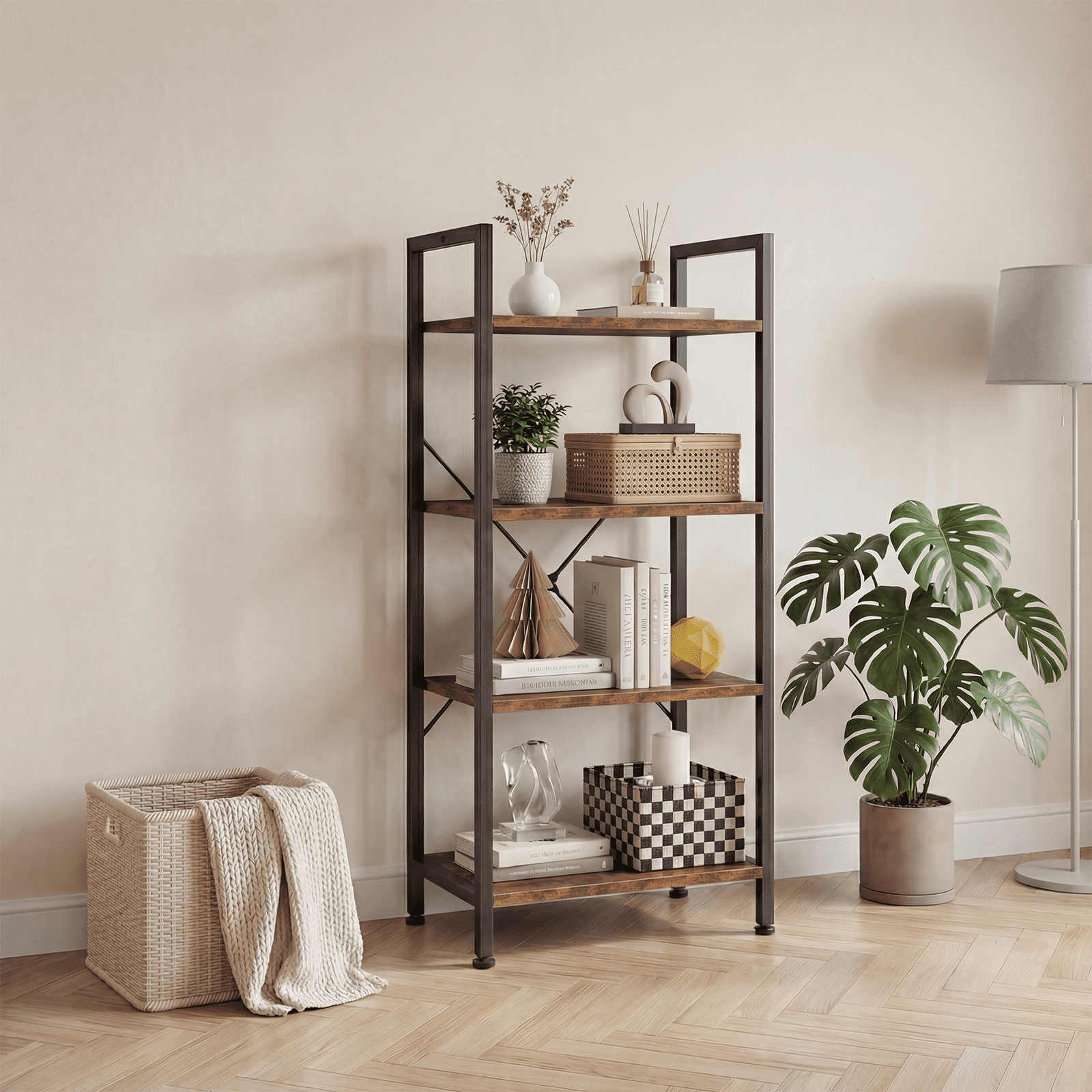 EDX Bookcase, 4 Tier Book Shelf, Storage Shelf, Classic Modern Bookcase for CDs, Movies, Books, Industrial Bookcase for Home Office, Living Room, Kitchen, Bedroom, Rust Brown