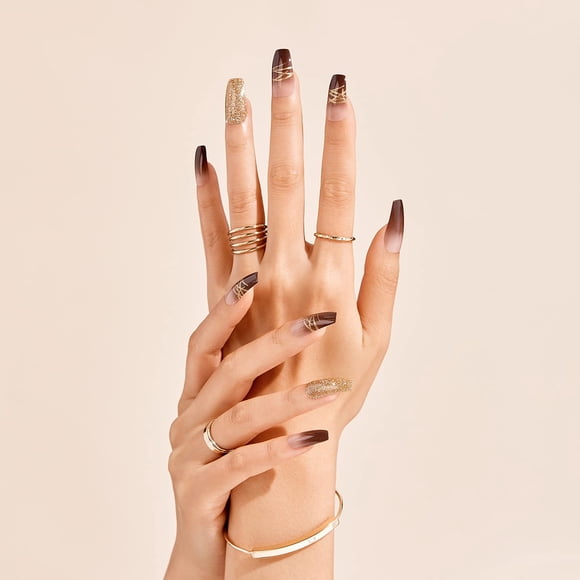 Uñas de diseño Glam en gel con dedos dorados (GD18)