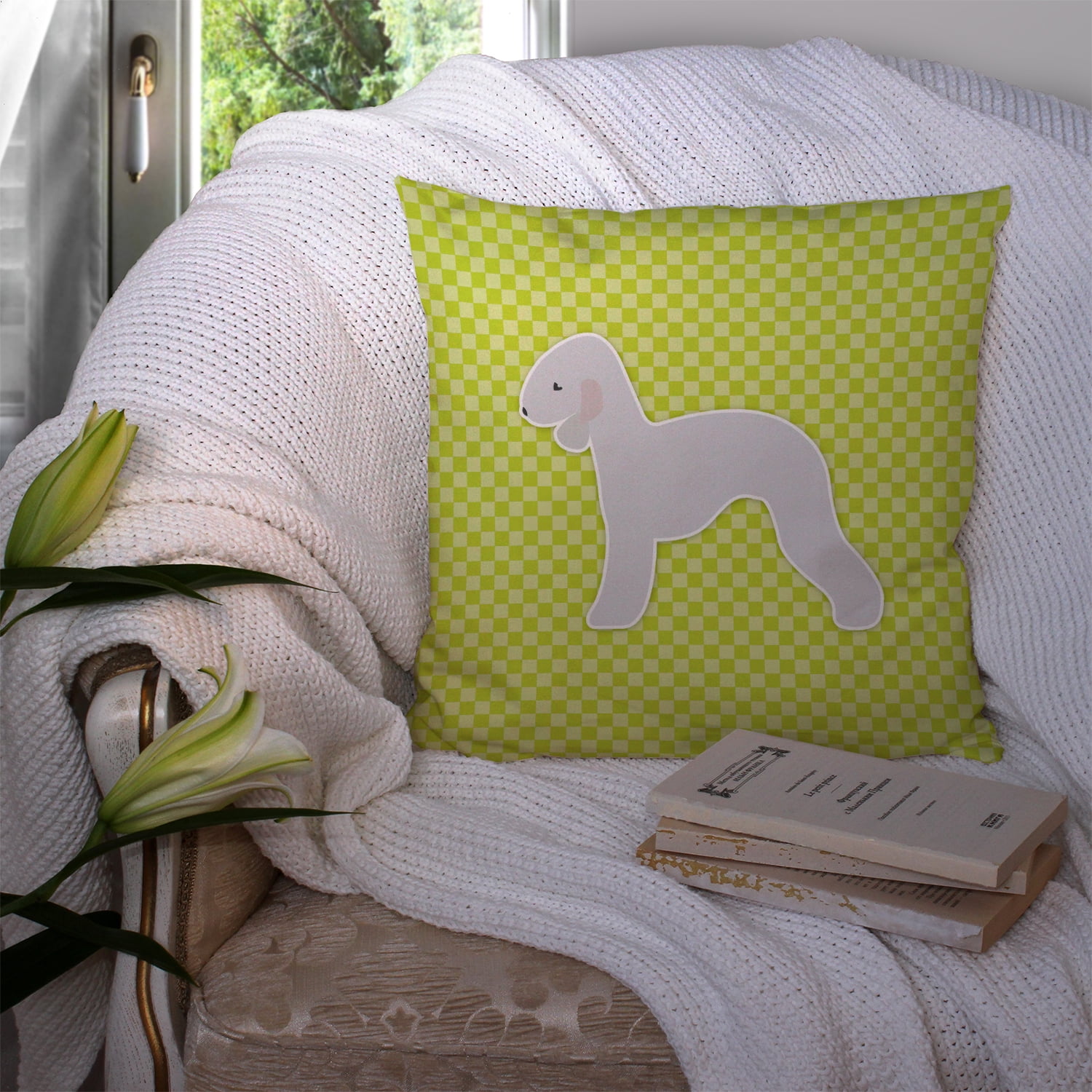 Carolines Treasures BB3794PW1414 Bedlington Terrier Checkerboard Green Fabric Decorative Pillow