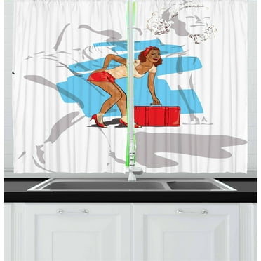 Vintage Woman Curtains 2 Panels Set, Sexy Woman Doing a Feminine Pose with a Travel Suitcase for Summer Holiday, Window Drapes for Living Room Bedroom, 55W X 39L Inches, Multicolor, by Ambesonne