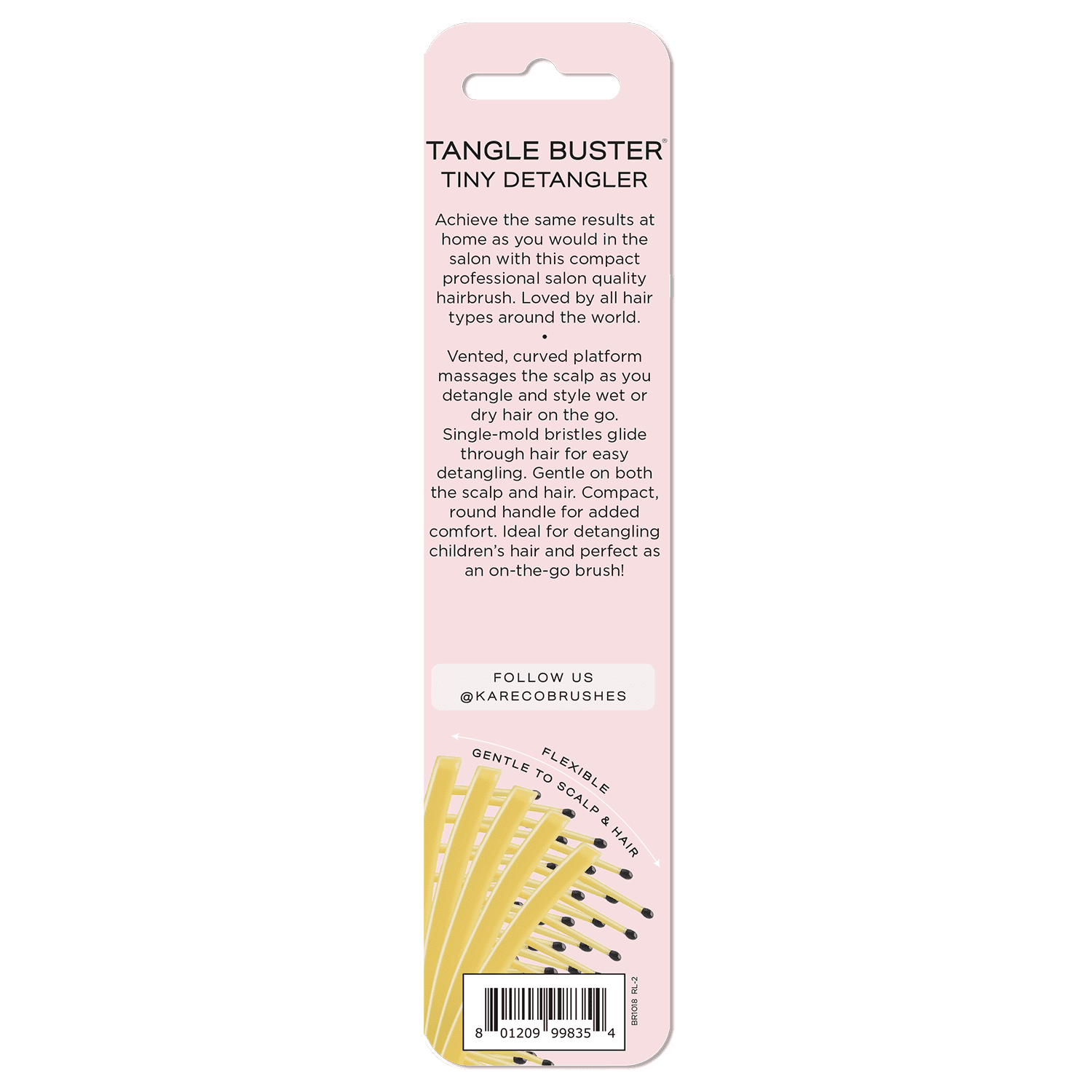 KareCo Tangle Buster Tiny Professional 7" Synthetic Paddle Detangling Hair Brush, Flexible, Yellow