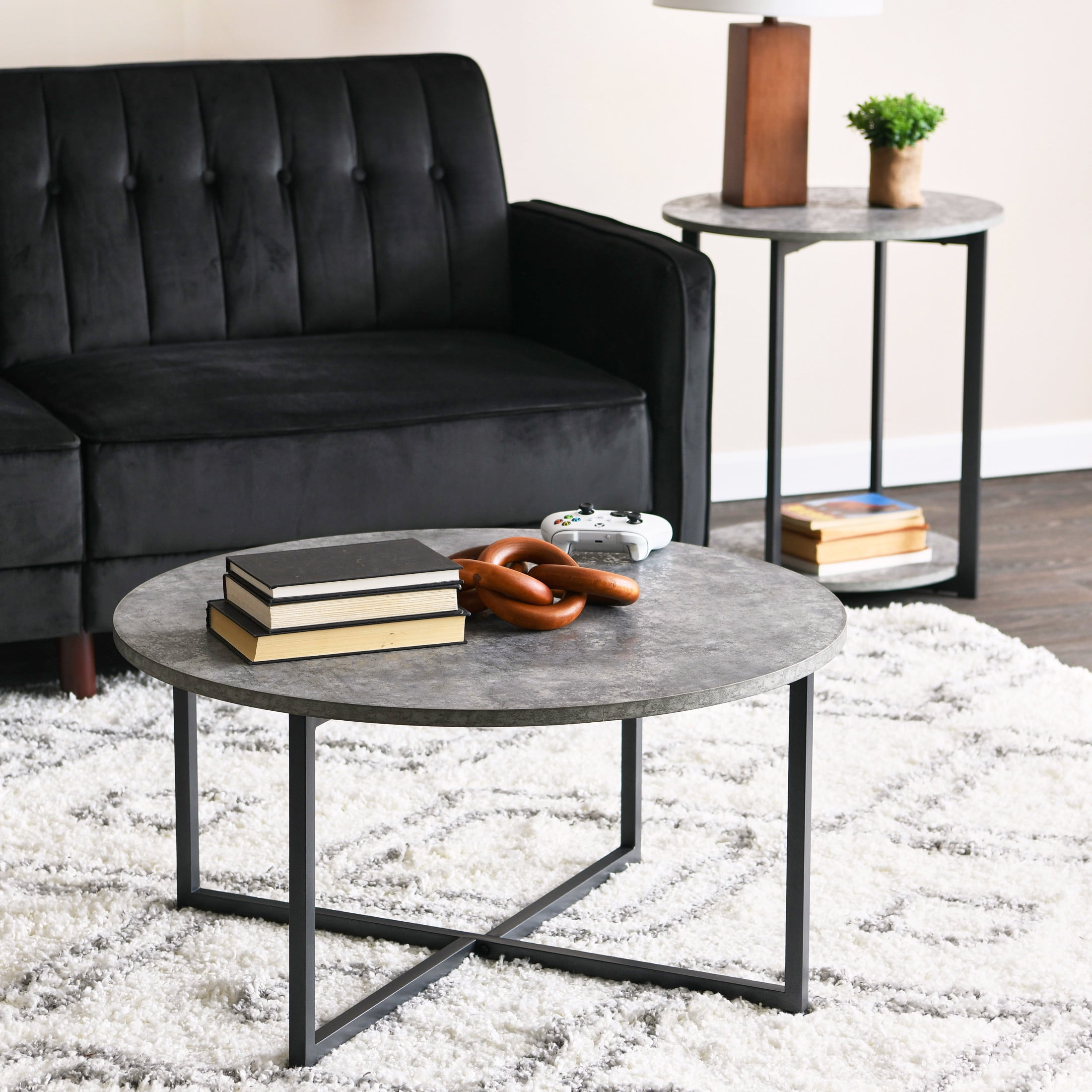 Household Essentials 2-Tier Round Low Side Table, Faux Gray Slate