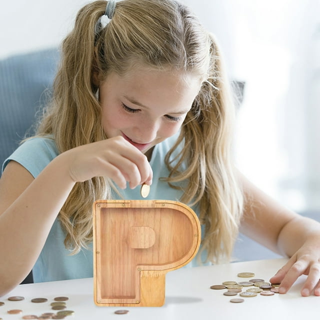 weibbin Wooden Money Bank Personalized Letters Coin Bank Text Engraved Money Box Wooden Coin Bank Gift for Kids Christmas Birthday Gift Home Decoration, Twenty Six English Letters