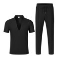 thumbnail image 6 of 2 Piece Waffle Textured Matching Suit for Men Deep V Lapel Polo Shirt Drawstring Waist Straight Leg Pants Wrinkle Resistant Casual Outfit for Weekend Resort Travel Black XXXL, 6 of 6
