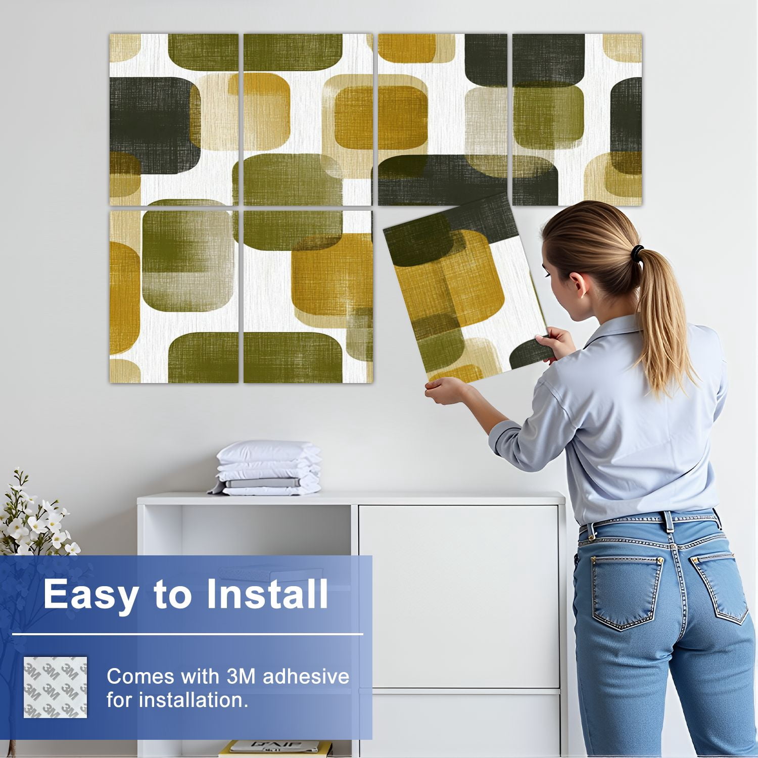 8 Pack Art Acoustic Panels Sound Absorbing Abstract Geometric Green Decorative Soundproof Wall Panels Self Adhesive for Nursery Game Room Bedroom 48"x32"